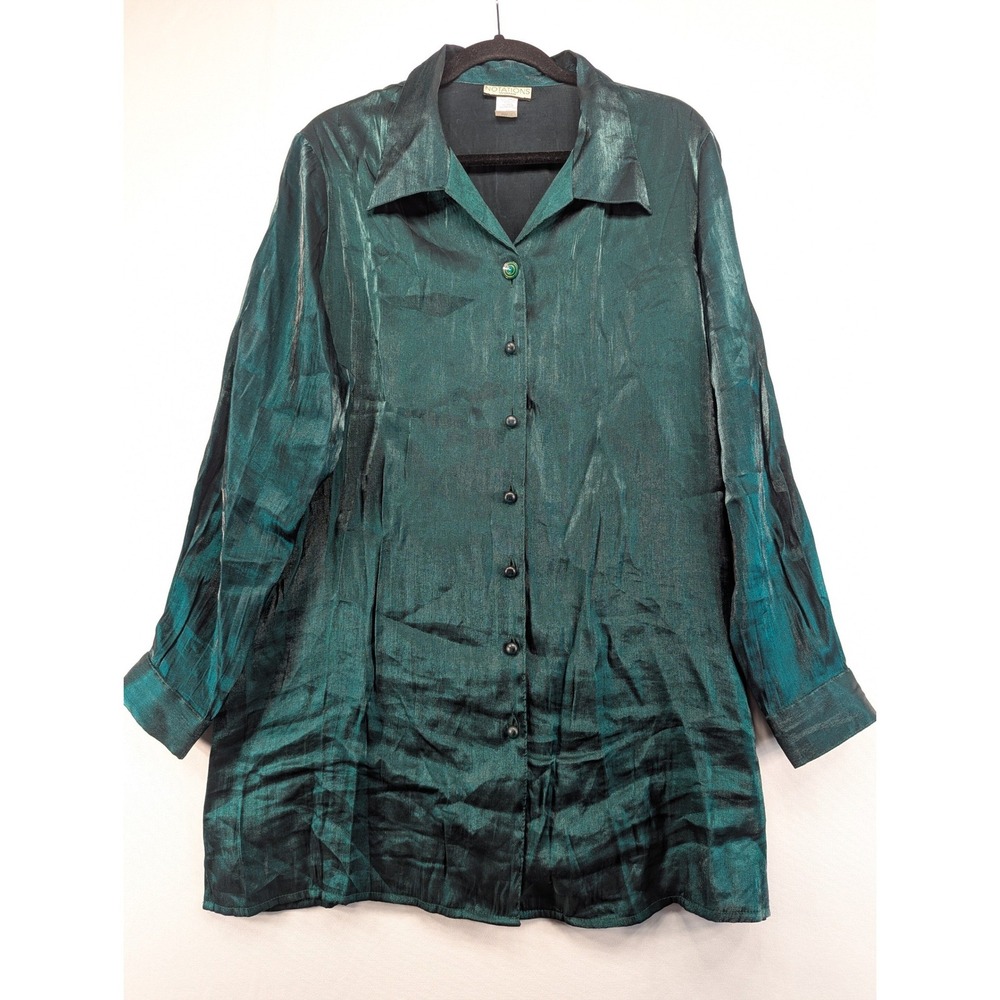 Notations Woman Emerald Green Iridescent Shimmer Button Down Blouse Tunic 1X